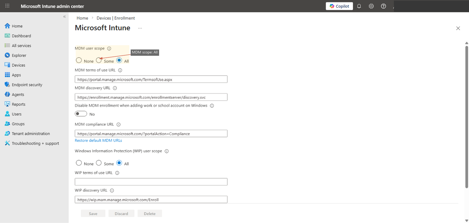 Automatic Enrollment settings showing MDM user scope set to All